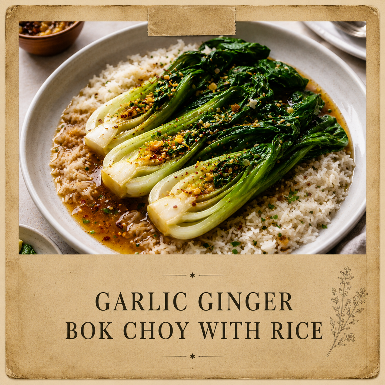       
  
     INGREDIENTS    For the Bok Choy     2–3 heads bok choy, halved lengthwise    3 tbsp olive oil    3–4 cloves garlic, minced    1 tbsp fresh ginger, minced    Spices of choice (suggestions below)    1½ cups chicken broth     Suggested Sp