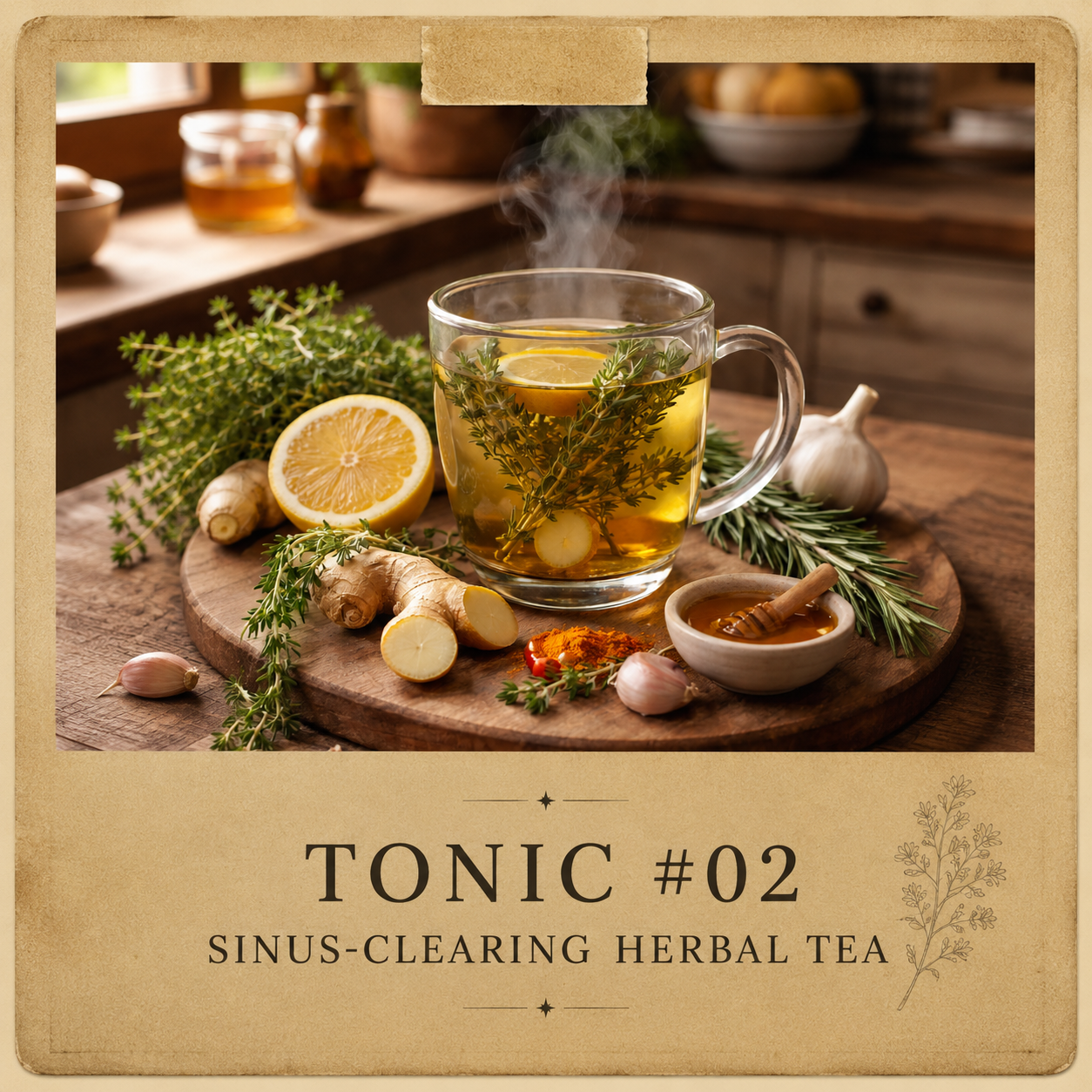       
  
     INGREDIENTS     2 cups hot water    1–2 slices fresh ginger    2 cloves of garlic, lightly crushed (  optional  but powerful)     1–2 fresh  thyme sprigs     1 small  rosemary sprig     Juice of ½ lemon    1–2 teaspoons honey    Option