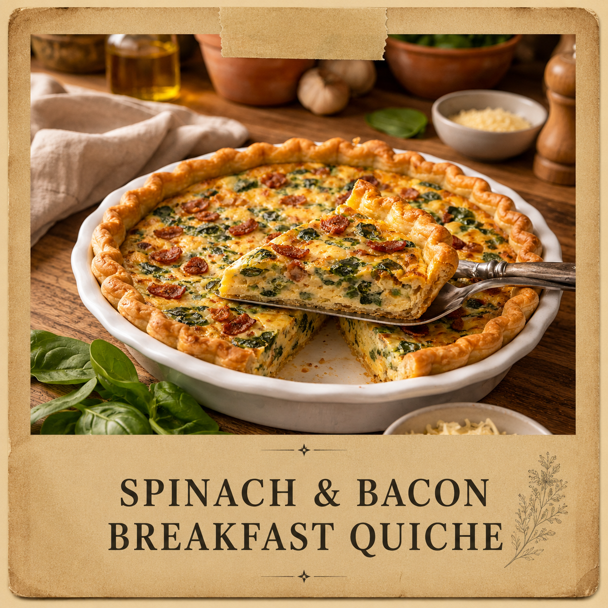       
  
     INGREDIENTS      1 prepared pie crust  (pressed into pan)     5–6 large eggs      ½ cup heavy cream      2 tablespoons butter, melted &amp; slightly cooled      6–8 slices bacon, cooked crisp &amp; chopped      1–1½ cups fresh spinach 