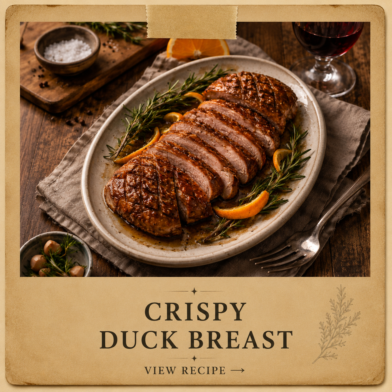       
  
     INGREDIENTS     2 duck breasts, skin-on    Salt &amp; freshly cracked black pepper     ½ tsp garlic powder      ¼ tsp onion powder      Pinch of smoked paprika   (just enough to warm, not color)     1 sprig rosemary    Peel of 1 orange