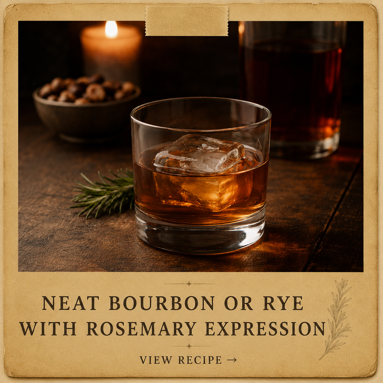       
  
     INGREDIENTS     2 oz quality bourbon or rye    1 fresh rosemary sprig       HOW TO MAKE IT     Pour bourbon or rye into a  heavy rocks glass .    Serve  neat  or with  one large clear ice cube , depending on preference.      Take a fre