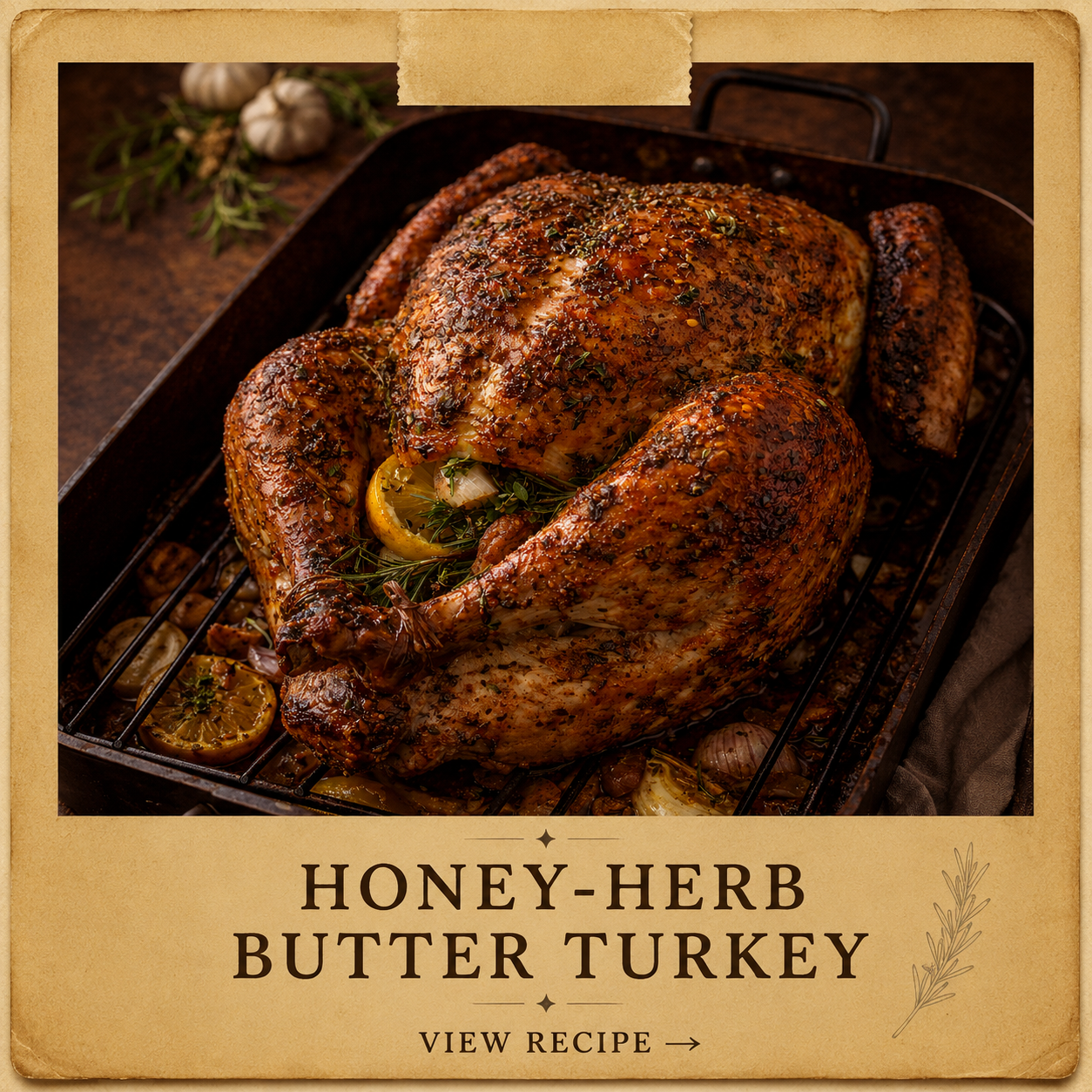       
  
     INGREDIENTS    Turkey     1 whole turkey (20–22 lbs), thawed     Herb–Honey Butter Rub     2 sticks butter, melted    Salt &amp; black pepper    2 tbsp olive oil    1–2 tbsp honey    2 tbsp garlic powder    2 tbsp onion powder    1½–2 