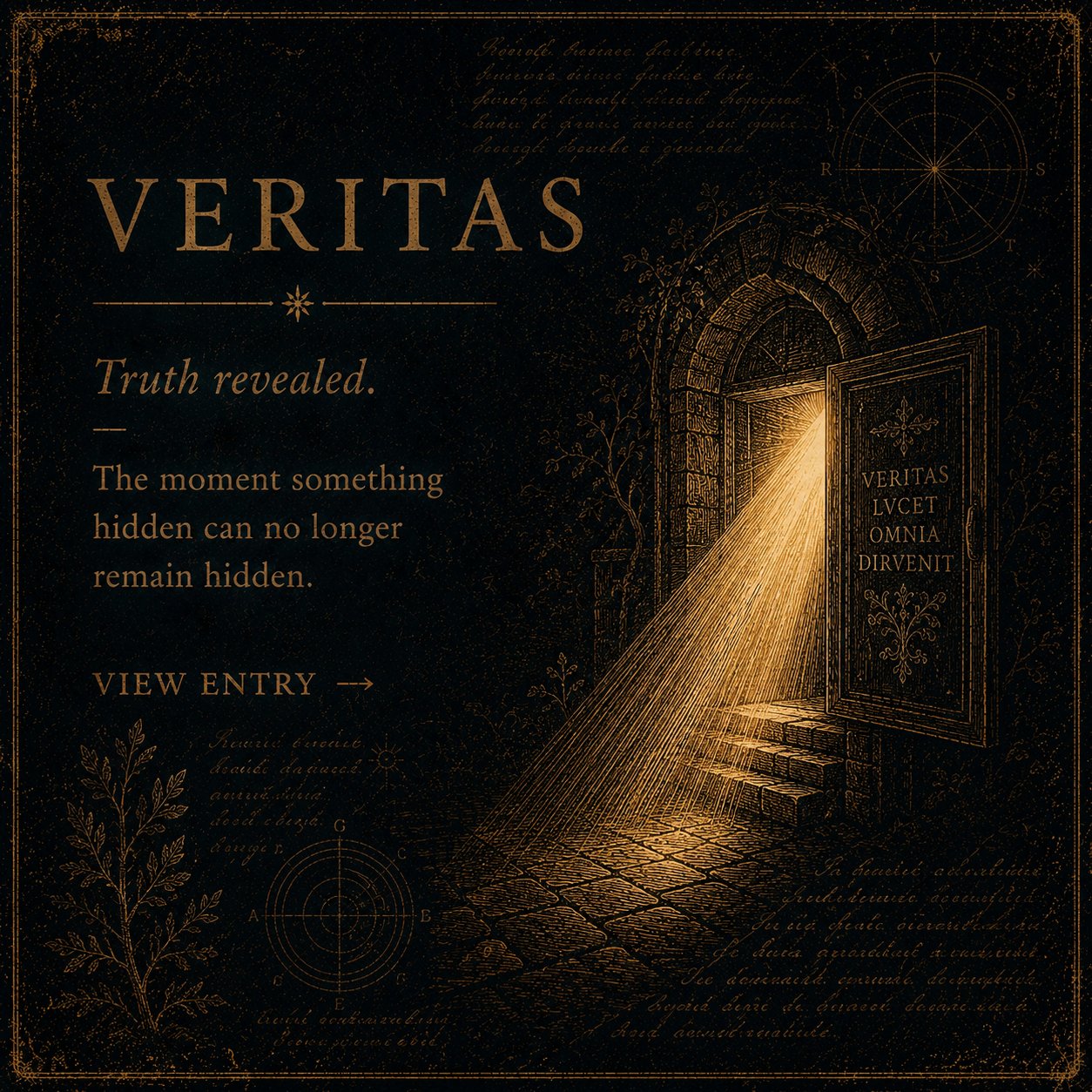 An illustration of an open door emitting a golden light onto stone steps, with the Latin phrase "Veritas Lucet Omnia Dirvent" written on it, and various decorative and astronomical sketches in gold on a dark background, promoting discovering truth.