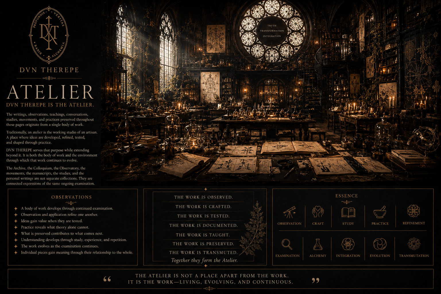 A darkly lit room filled with tables and shelves of books and scientific instruments, with large stained glass windows and golden x-ray-style diagrams on the walls, creating an ancient atelier or study ambiance.