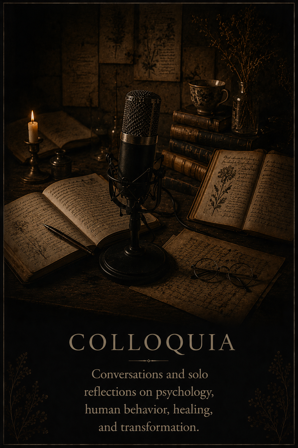 A vintage-style scene featuring an open journal with handwritten notes and a floral illustration, a fountain pen, glasses, a microphone, and candles on a dark wooden table, surrounded by old books, a teacup, and decorative plants in a dimly lit setting.