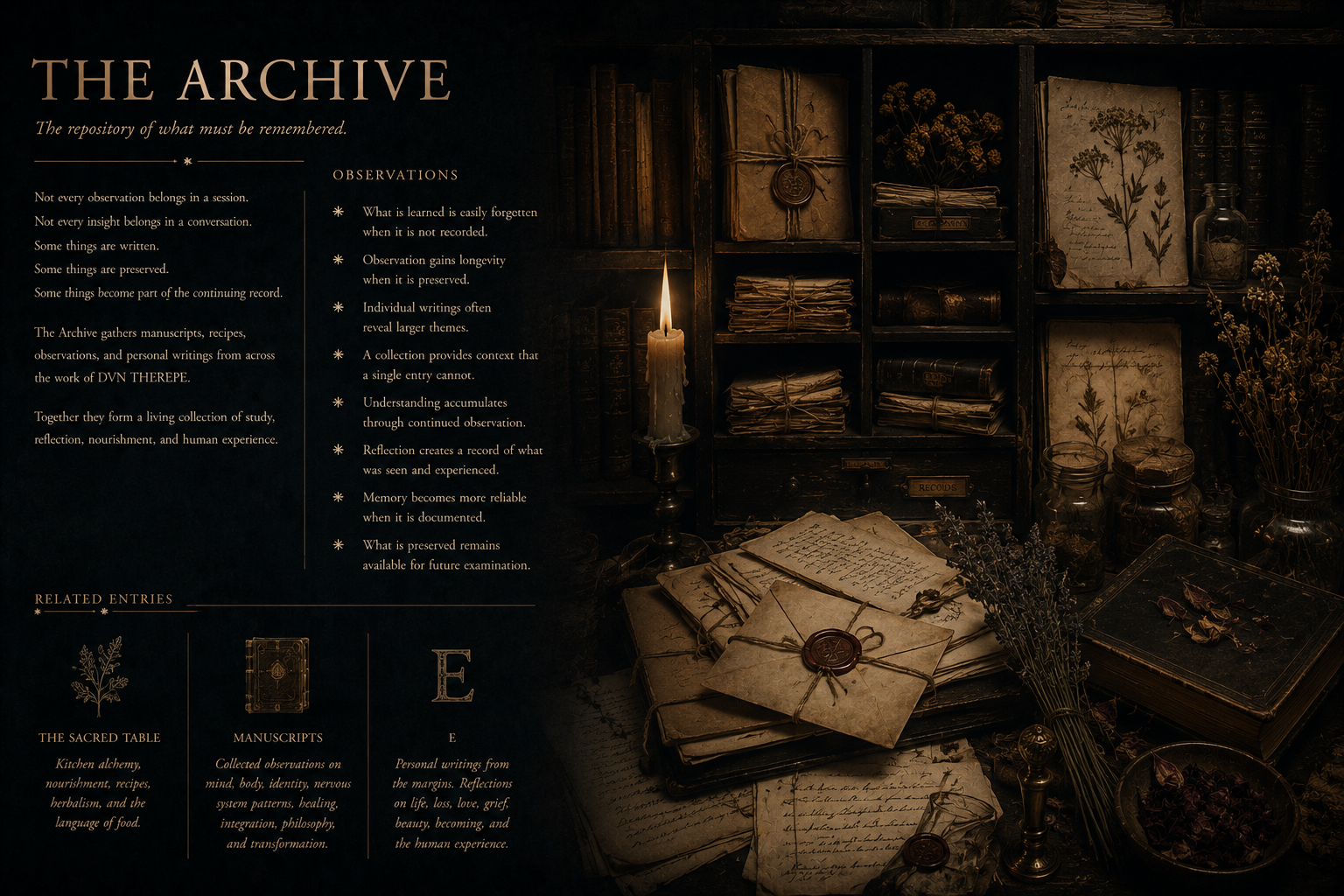A dark, vintage-style archive room with shelves filled with old books, scrolls, and jars. A lit candle illuminates a desk with handwritten papers, some tied with string. Decorative dried flowers and glass bottles add to the historic ambiance.