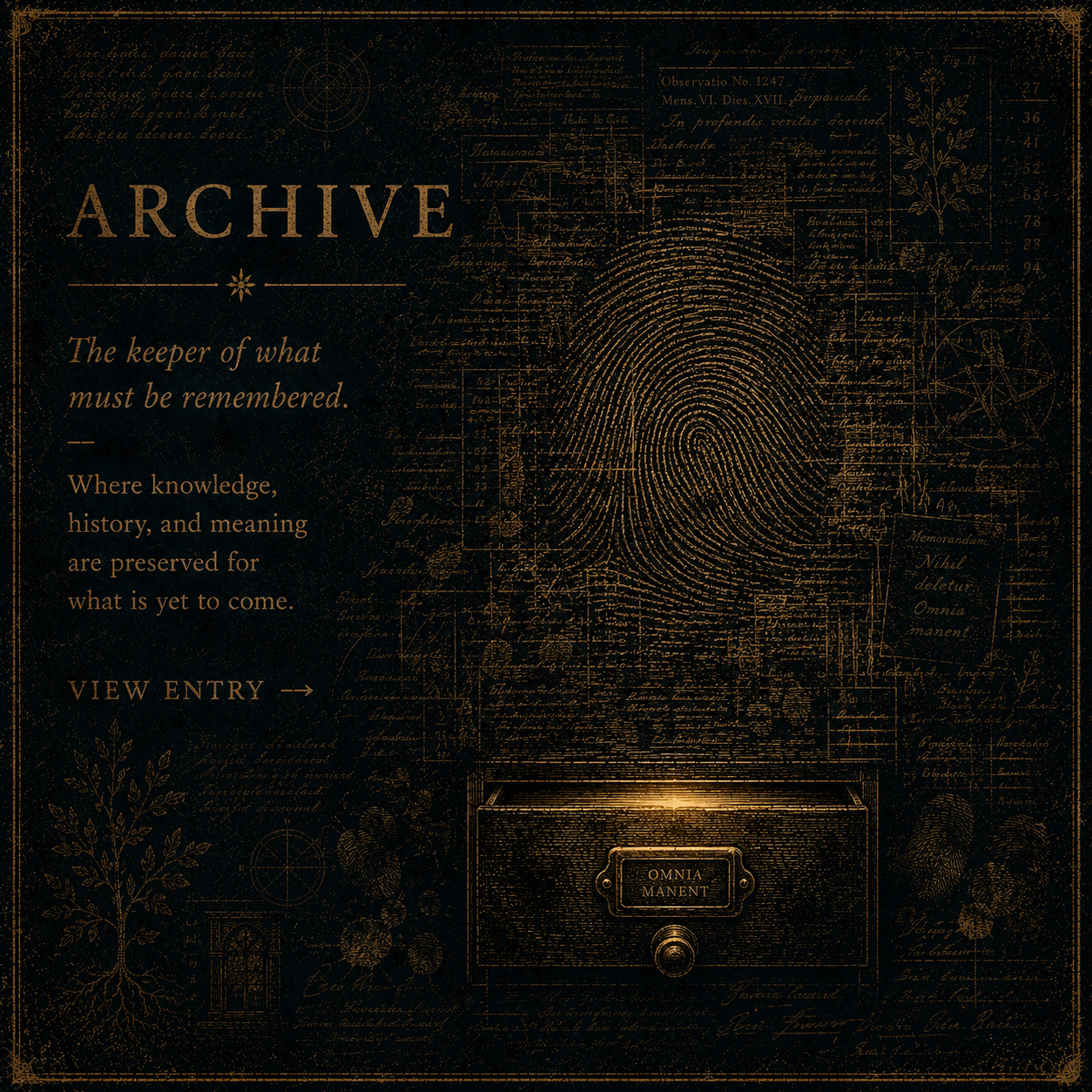 A vintage-style poster with the word 'ARCHIVE' at the top, a large fingerprint in the center, a treasure chest labeled 'OMNIA MANT' beneath it, and decorative botanical and scientific drawings in the background. The text reads: 'The keeper of what must be remembered. Where knowledge, history, and meaning are preserved for what is yet to come. VIEW ENTRY →'.