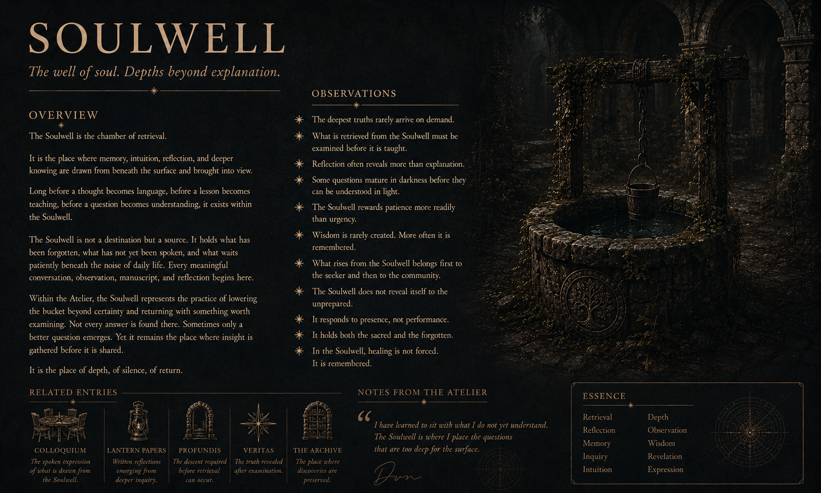 Image of a dark, mystical well with a bucket hanging from a chain, set in a stone surrounding, surrounded by a forest or ruins with vines and overgrowth. On the left, there is detailed text about Soulwell, including overview, observations, related entries, notes, and essence.