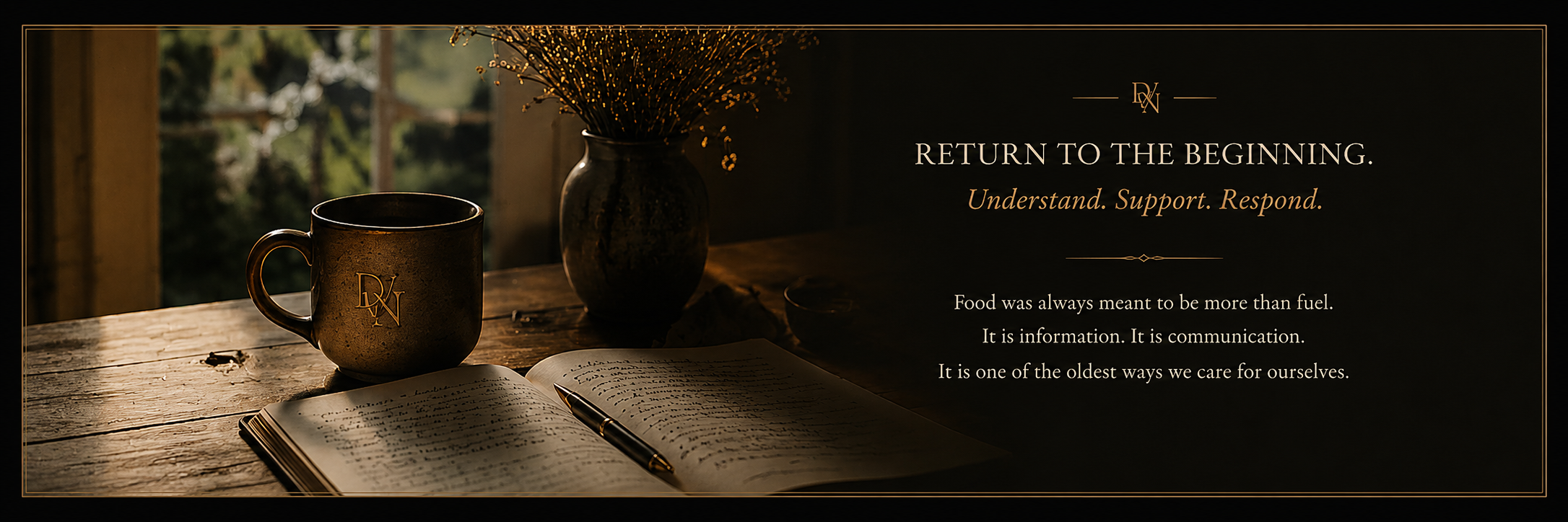 Decorative image with a rustic wooden table holding a black mug with a gold logo, an open notebook with handwriting, a pen, and a vase with dried flowers. Wall text reading 'Return to the beginning. Understand. Support. Respond.' about the importance of food and communication.