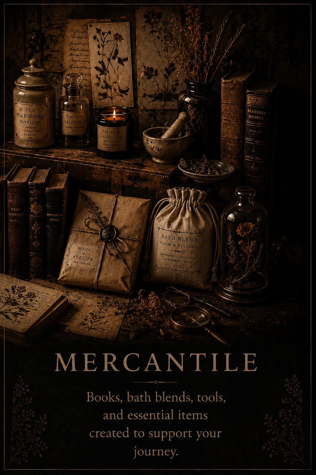 A vintage-style display of books, bath products, and apothecary jars with botanical illustrations and warm lighting, creating a cozy, antique ambiance.