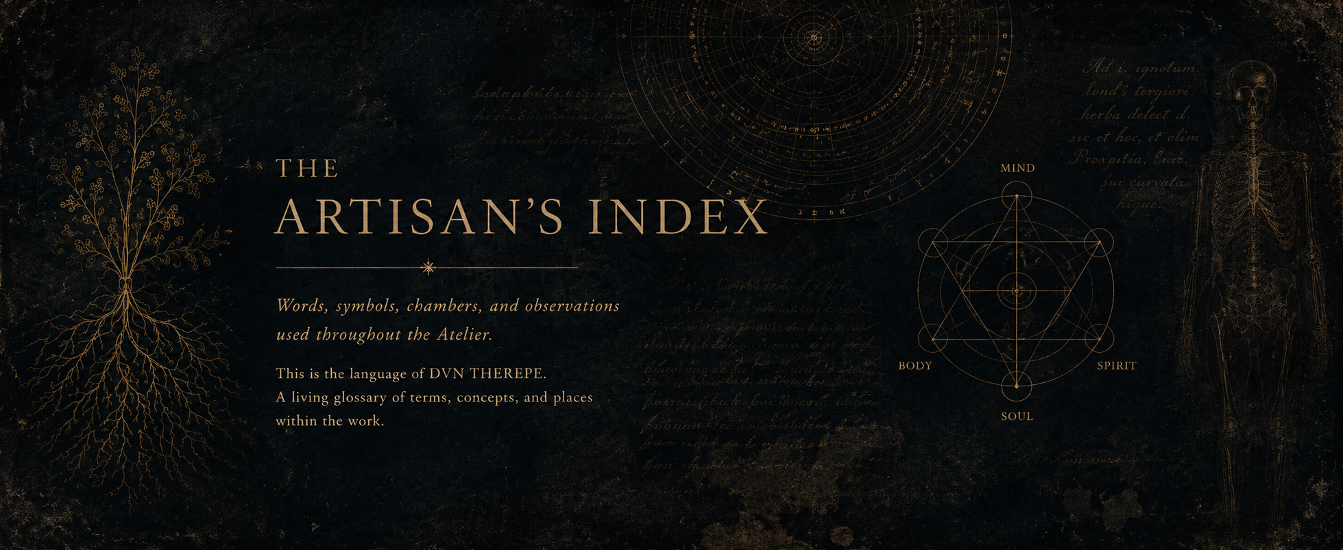 Title page of The Artisan's Index, featuring a black background with gold illustrations of a tree and geometric diagrams, and text describing a glossary of terms, concepts, and places used in the work.