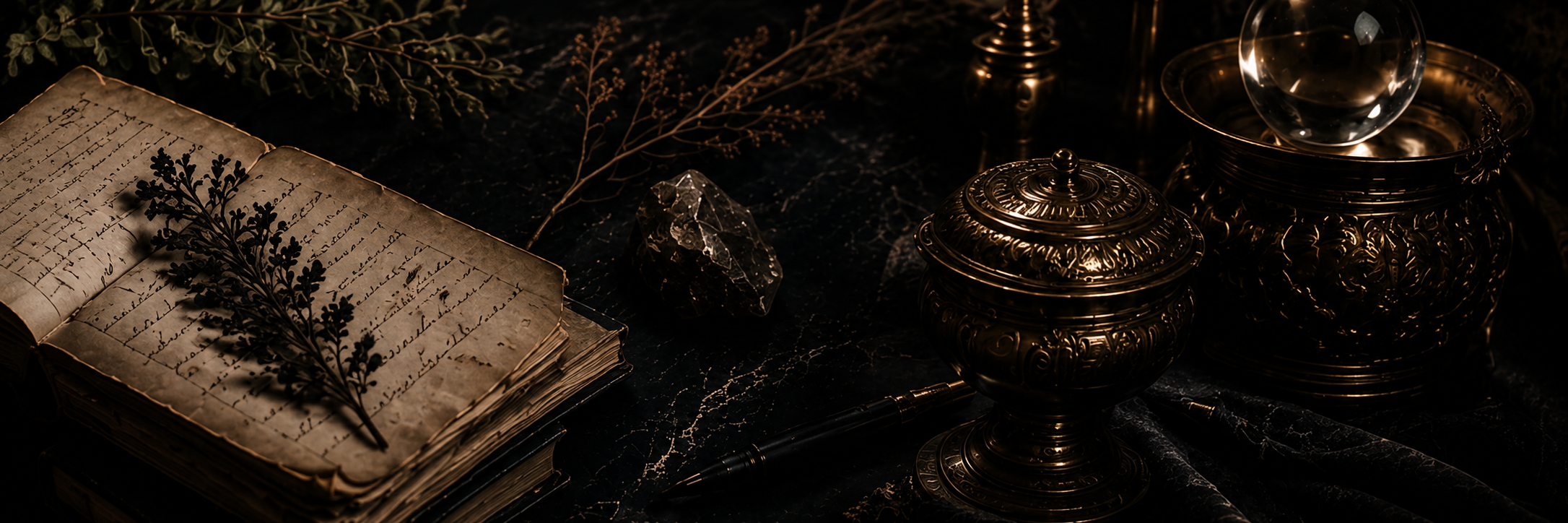 An open vintage journal with handwritten text, a sprig of dried flowers, a large clear crystal, and brass decorative containers and objects on a dark marble surface.