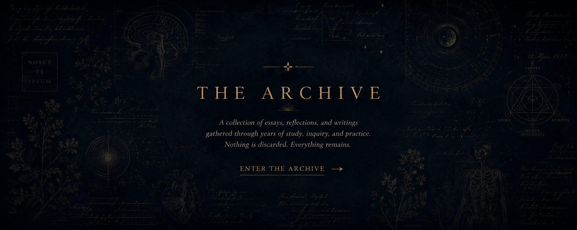 Dark-themed website homepage titled "The Archive" with gold text and illustrations of scientific and mystical symbols, including a brain diagram, a skeleton, and celestial charts. Features a description of the collection of essays and reflections, with an entry button.