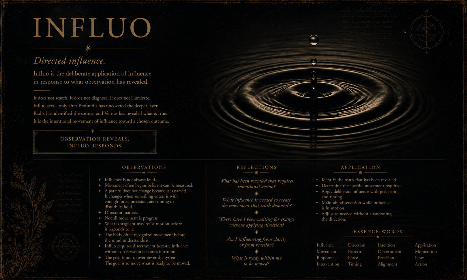 A dark-themed informational poster about influence, featuring a golden water droplet creating ripples on water, with text explaining observational principles, reflections, and applications of influence.
