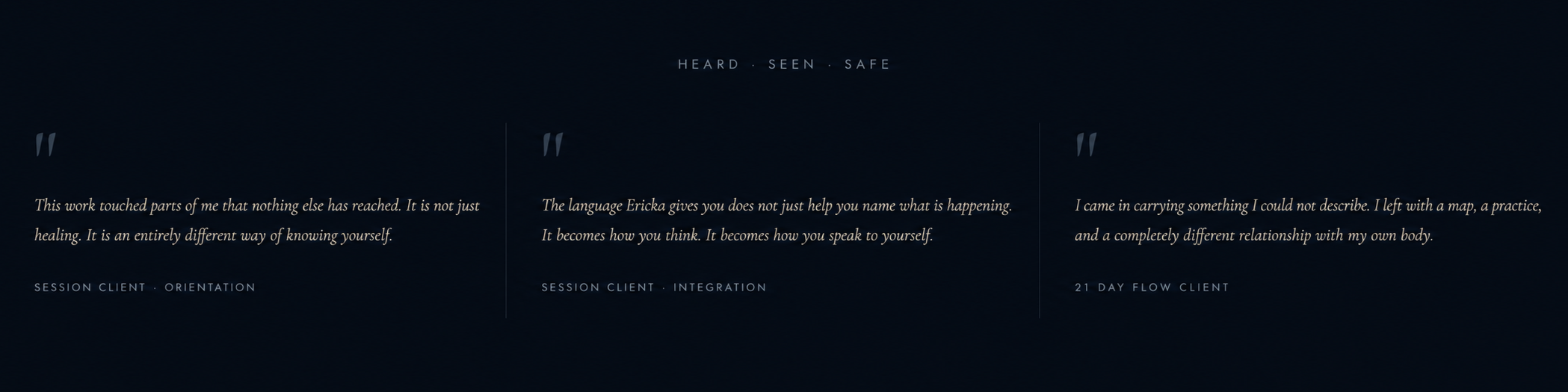 Three quotes about healing, knowledge of oneself, and personal growth, with client types and session descriptions, on a dark background with minimalistic design.