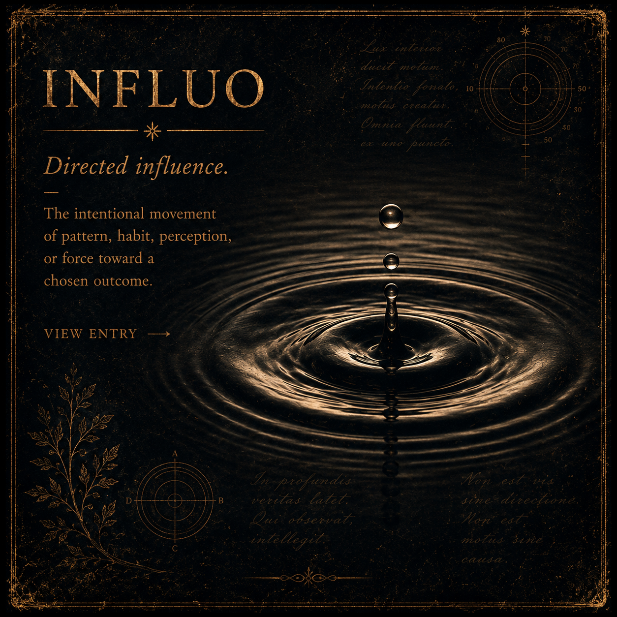 Dark decorative graphic with a water droplet causing ripples in water, surrounded by ornate text and design elements, referencing influence and the force of impact.