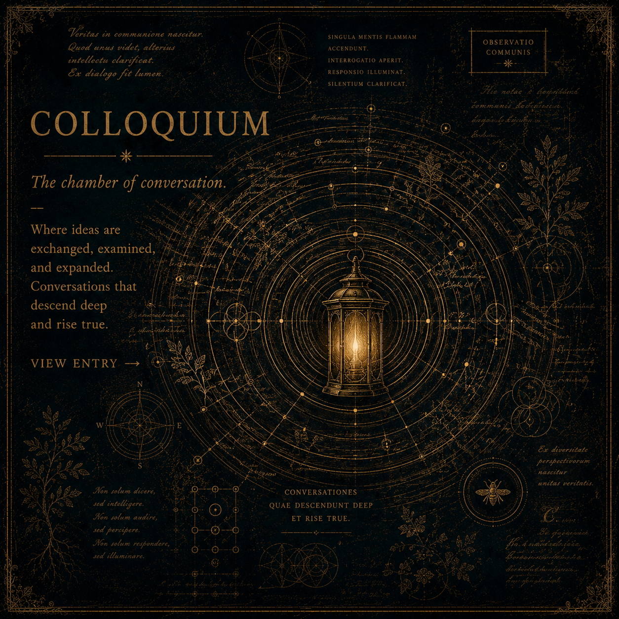 A dark, vintage-style poster titled 'Colloquium,' featuring a central lantern emitting light amidst intricate geometric and botanical drawings, with Latin and English text about ideas, conversation, and exploration.