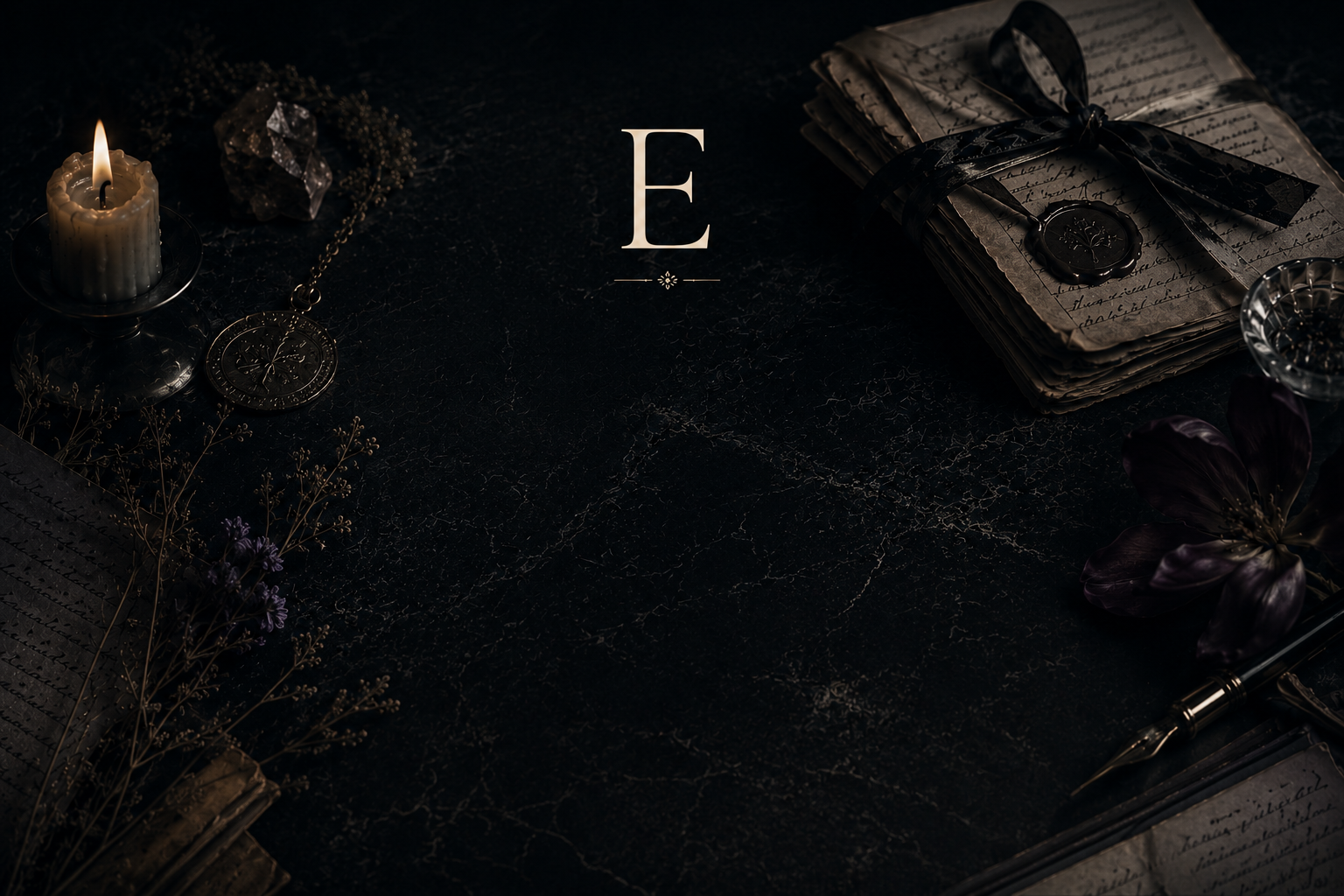 E (SECRETARIUM)
Personal writings within DVN THEREPE™ featuring a private archival setting representing reDark, vintage-style writing desk with lit candle, handwritten notes, jewelry, flowers, and a quill pen, giving an antique, classical atmosphere.