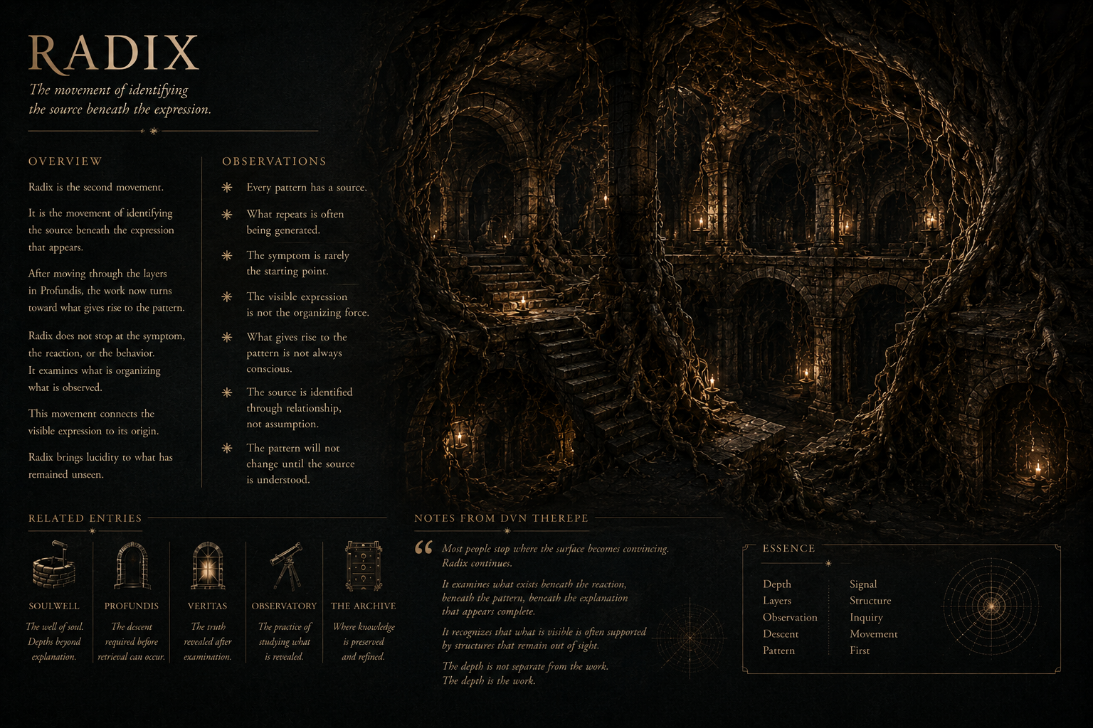 Dark, mysterious underground scene with stone archways, staircases, and large twisting roots, illuminated by candlelight, creating an atmospheric and ancient ambiance.
