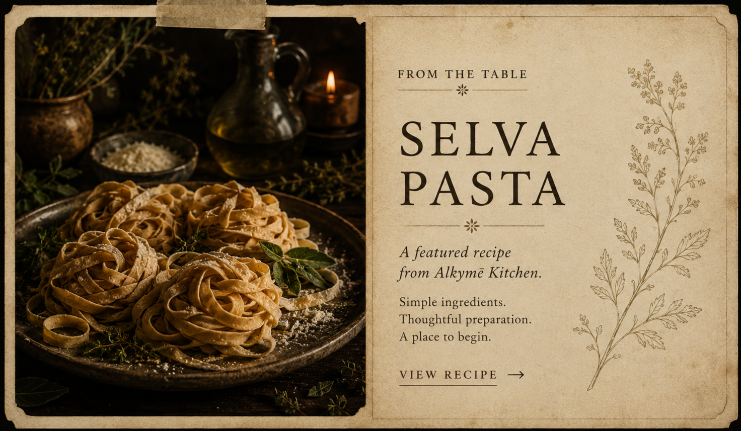 Plate with nest-like piles of fresh tagliatelle pasta garnished with herbs, near bowls of cheese and oil on a rustic wooden table, with a candle and herbs in the background.