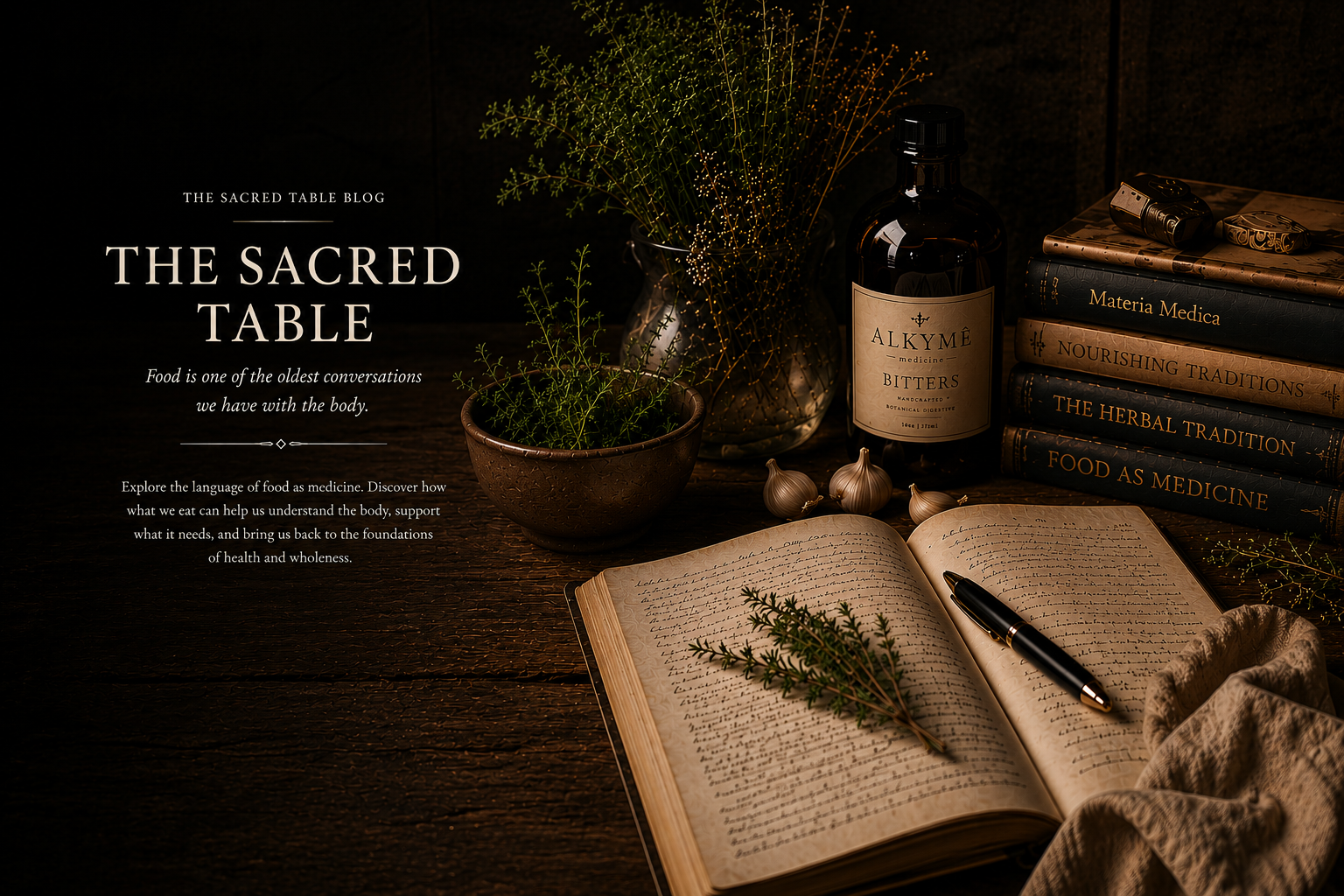 The Sacred Table featuring an old world dining setting representing food philosophy, recipes, herbal traditions, culture, and the relationship between food and the human experience.