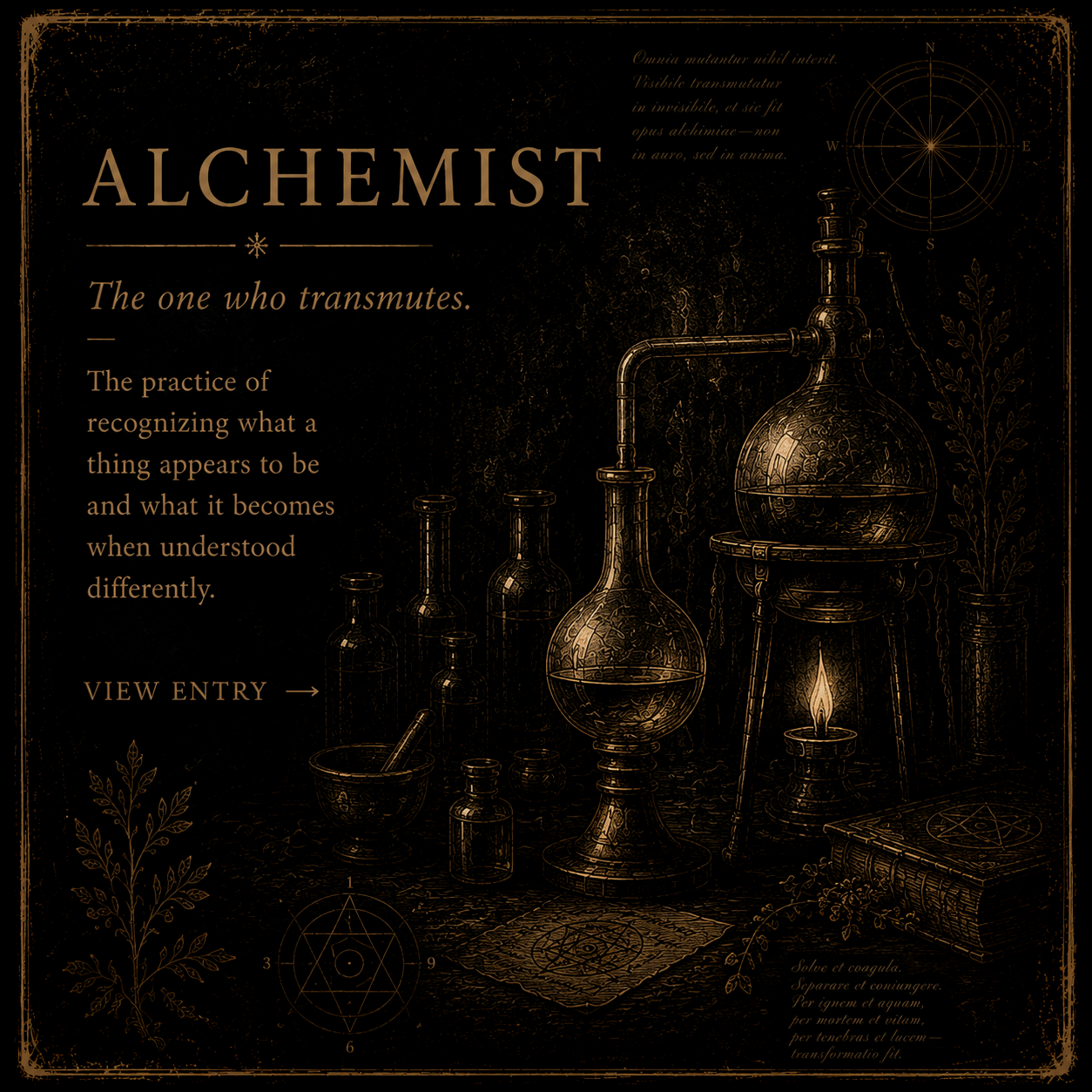 Vintage alchemy lab illustration with glass flasks, a mortar and pestle, a pentagram book, and alchemical symbols, all in sepia tones.