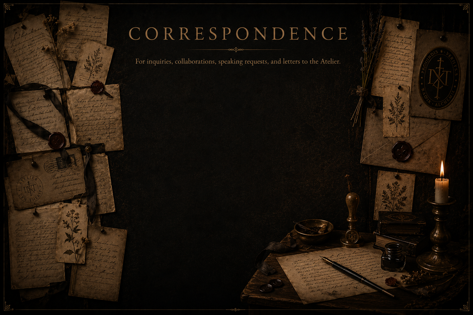Correspondence page for DVN THEREPE™ representing contact, inquiries, appointments, collaborations, speaking engagements, and communication with the Atelier.