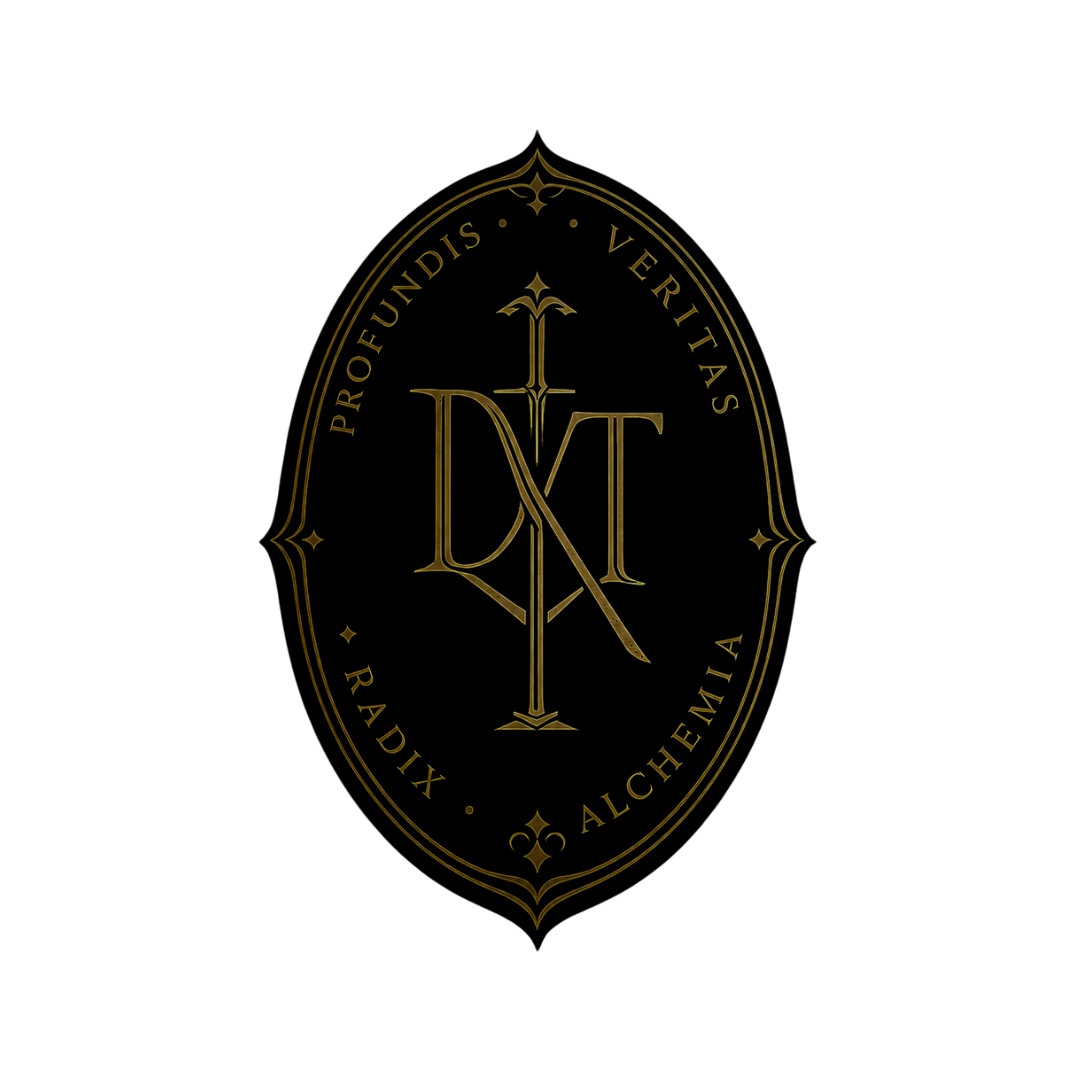 DVN THEREPE SEAL - A black background with a gold, Gothic-style emblem featuring a sword, a shield, and Latin words, encircled by the words "PROFUNDIS VERITAS," "RADIX," and "ALCHEMIA."