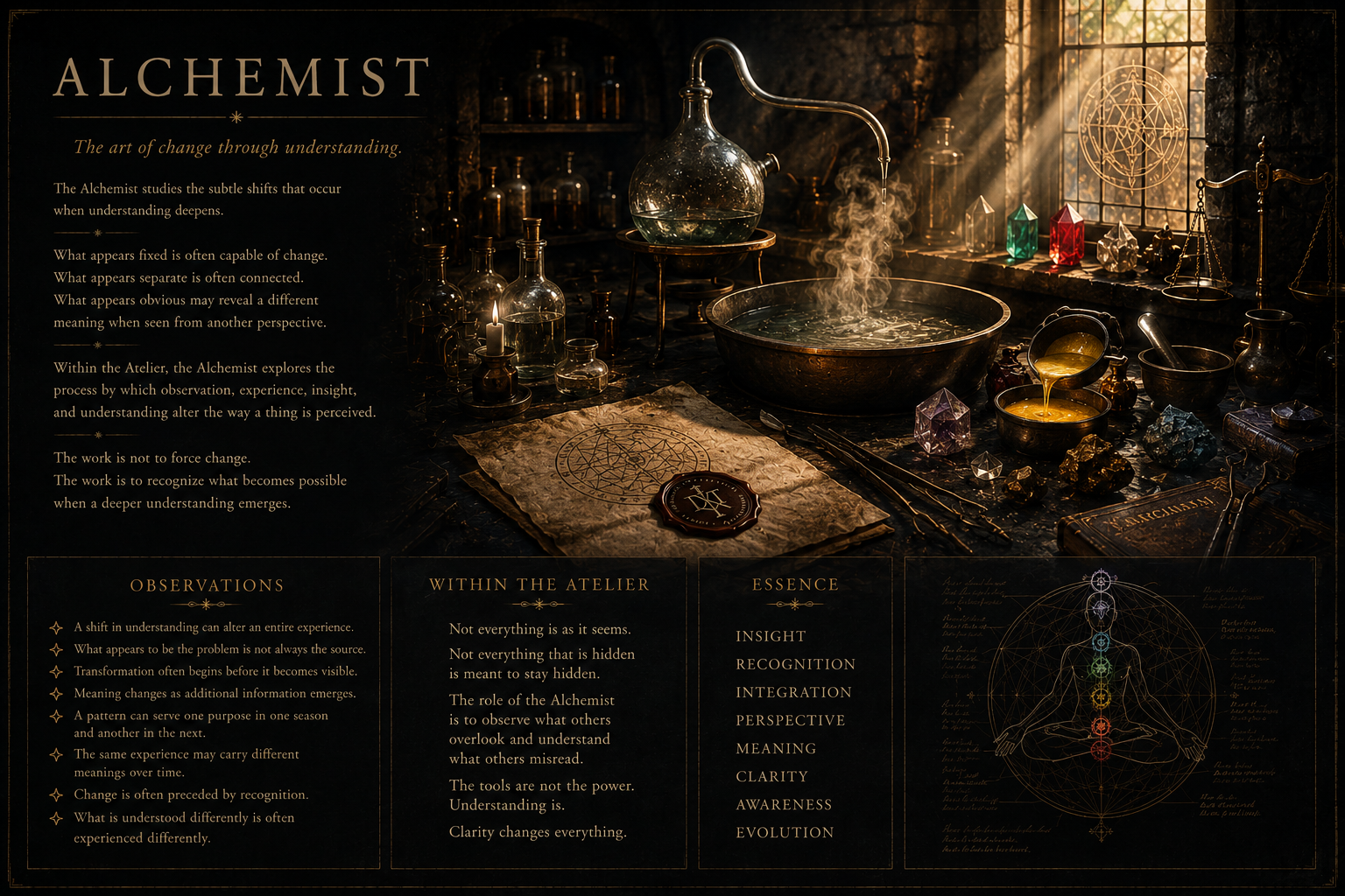 An alchemist's workspace with various glass bottles, a steaming cauldron, a candle, and mystical symbols. There are colored crystals and a book labeled 'Alchemist' on the dark, reflective surface. Sunlight streams through a window, illuminating the scene.