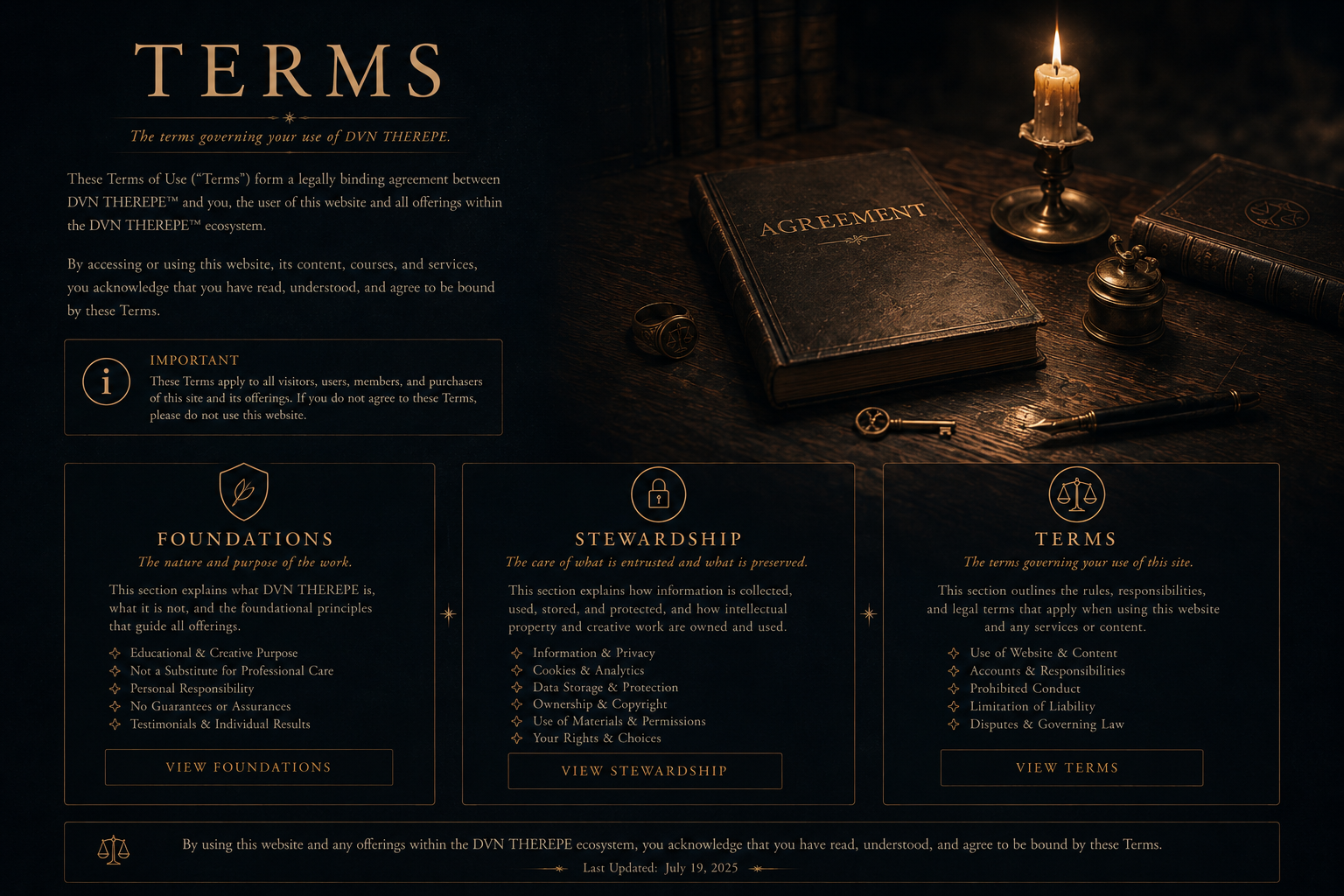 Terms of Service page for DVN THEREPE™ featuring an old world archive representing the agreements, responsibilities, and conditions governing the Atelier and its offerings.