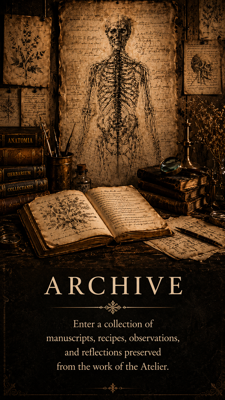 Archive of DVN THEREPE™ featuring preserved manuscripts, observations, recipes, and recorded studies documenting the ongoing work of the Atelier.