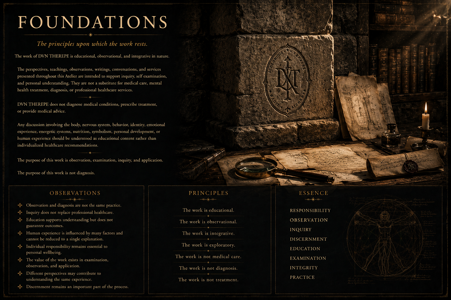 Foundations page for DVN THEREPE™ featuring a weathered cornerstone representing the guiding principles, scope, and philosophical foundations of the Atelier.