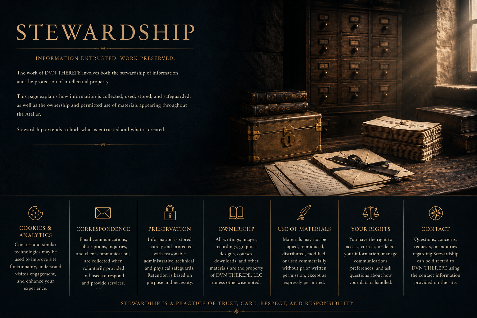 Stewardship page for DVN THEREPE™ featuring an old world archive representing copyright, intellectual property, preservation, and responsible care of the Atelier's work.