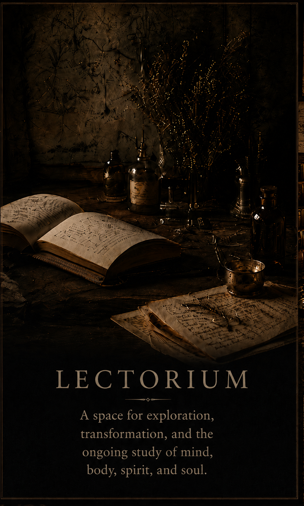 Dark, vintage scene with open books, glass bottles, a small cup, and scattered handwritten papers on a wooden table, illuminated by warm, dim lighting; decorative plants and handwritten notes wallpaper in the background; text overlay reads 'LECTORIUM: A space for exploration, transformation, and the ongoing study of mind, body, spirit, and soul.'