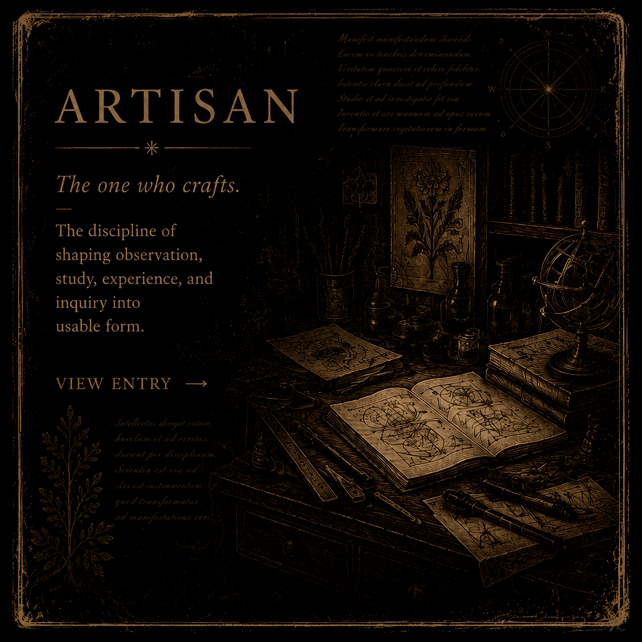 A vintage-style dark illustration of a workspace with books, papers, bottles, a globe, and drawing tools on a desk, with text about craftsmanship and observation.