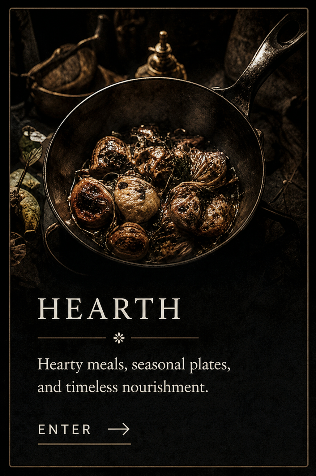 A skillet with grilled oysters garnished with herbs, set against a dark background with decorative items. The overlay text promotes hearty, seasonal meals and nourishment with a call to action to enter.