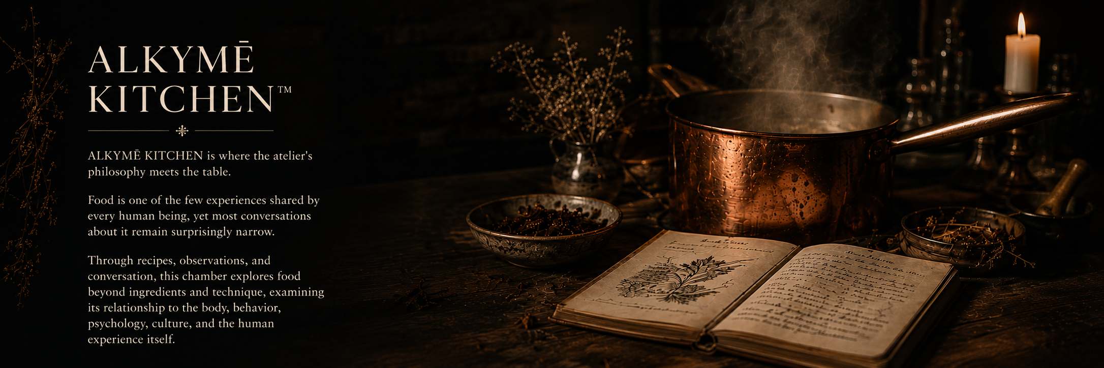 A rustic workspace with a copper pot emitting steam, an open book with botanical illustrations, small bowls, dried herbs, a candle, and dried flowers, illuminated softly for a cozy atmosphere.