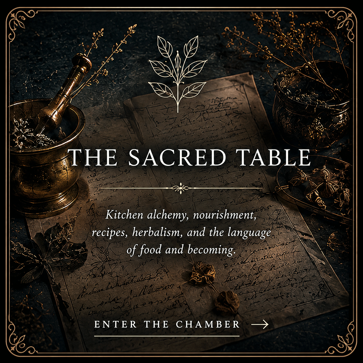 Decorative, vintage-style image featuring a dark background with gold accents, an open handwritten manuscript, and culinary objects including a brass mortar and pestle, jewelry, and sprigs of herbs, with the title 'The Sacred Table' and text about kitchen alchemy, nourishment, recipes, herbalism, and language of food.