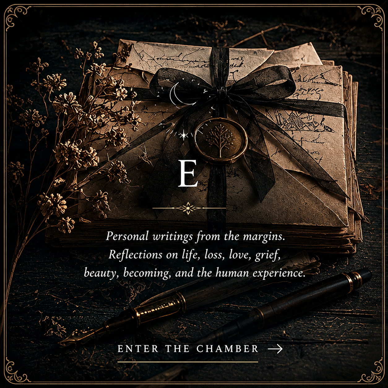 A vintage style image of an old handwritten journal tied with a black ribbon, with a gold ring featuring a tree symbol on top, a black fountain pen with gold accents, dried flowers, and a dark background with gold ornate borders. The text overlay promotes personal writings reflecting on life, love, grief, and the human experience.