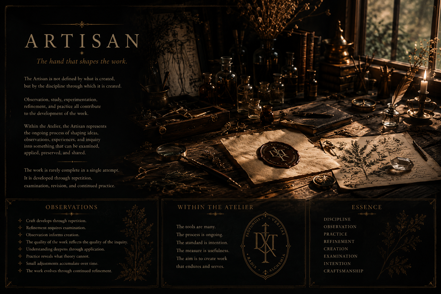 A dark, vintage workspace with glass bottles, books, and ornate tools, illuminated by candlelight; overlaid with text about artisan craftsmanship, observation, and discipline.