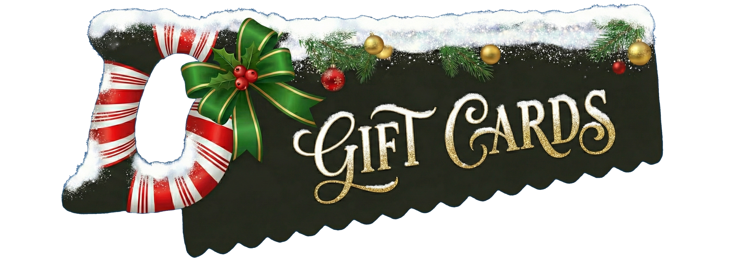 Black gift card with a red and white striped candy cane border, decorated with a green bow and holly berries, surrounded by Christmas ornaments, with the words 'Gift Cards' written in gold.