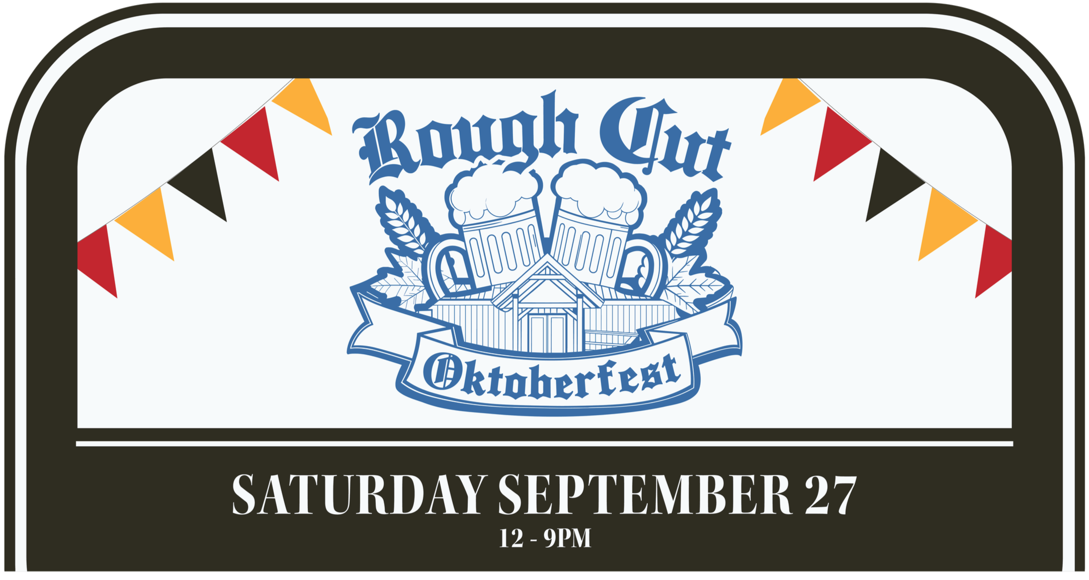 A digital illustration of a beer-themed event advertisement for 'Rough Cut Oktoberfest' with festival details, featuring a graphic of two beer mugs, a house, wheat, and decorative banners against a black and white background.