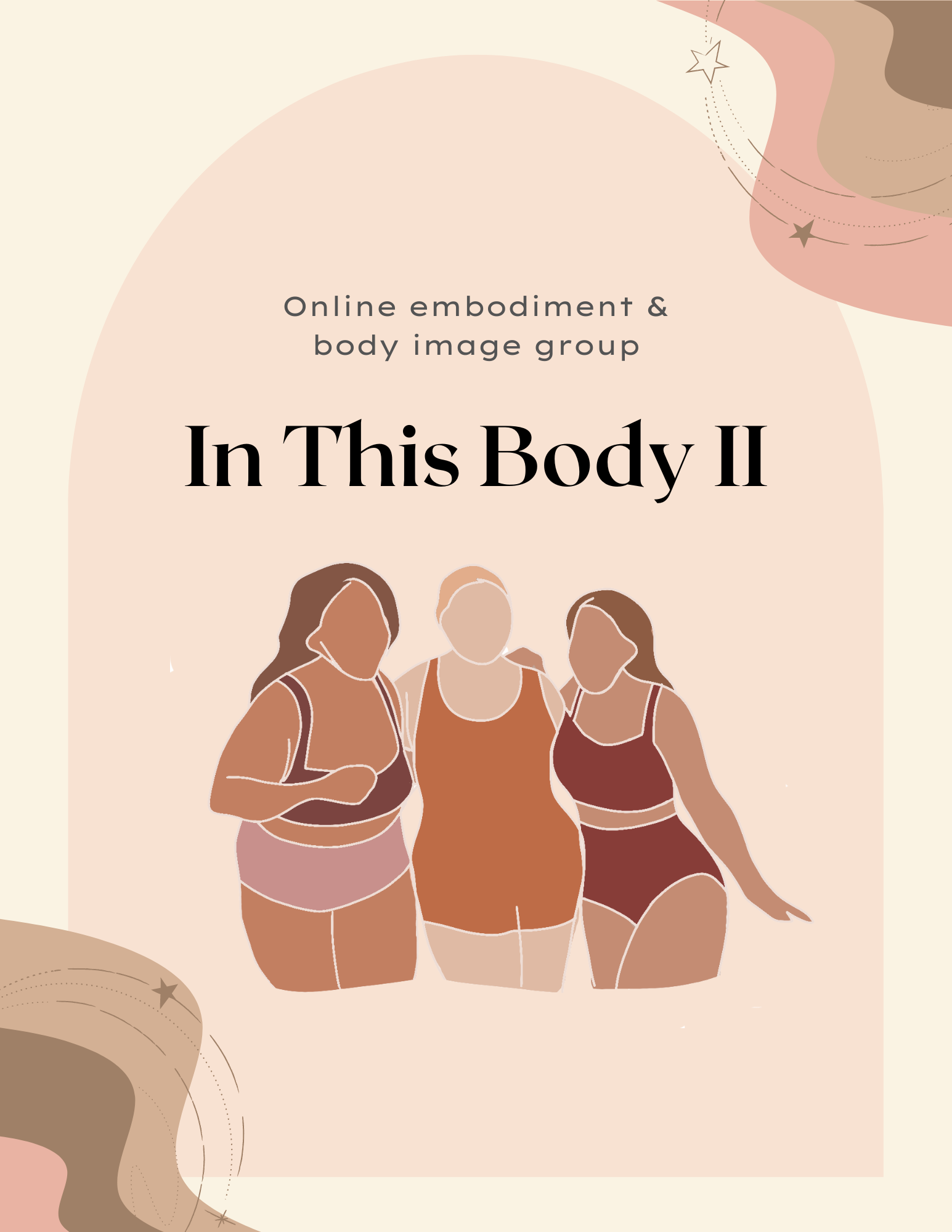 Pastel pink and beige background with wave and star accents depicts three people in the middle wearing bathing suits and hugging. Left person has long hair and feminine features, middle person is androgynous, right person wears a bikini and long hair