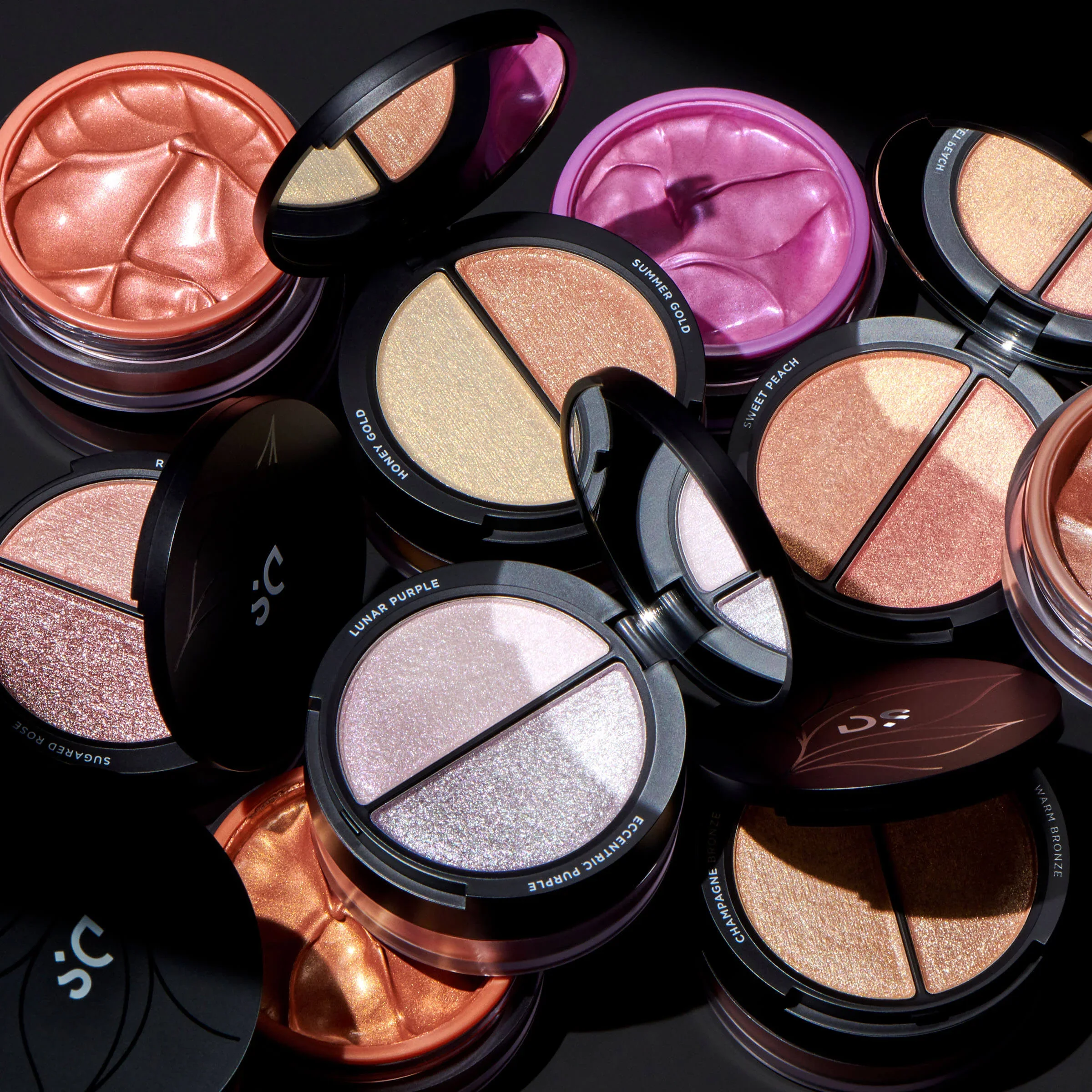 Mirror Glaze Highlighting Trio: Purple Haze, Gold Standard, Peachy Keen, Bronze and Boujee, Rosè All Day - Product and Shades Named