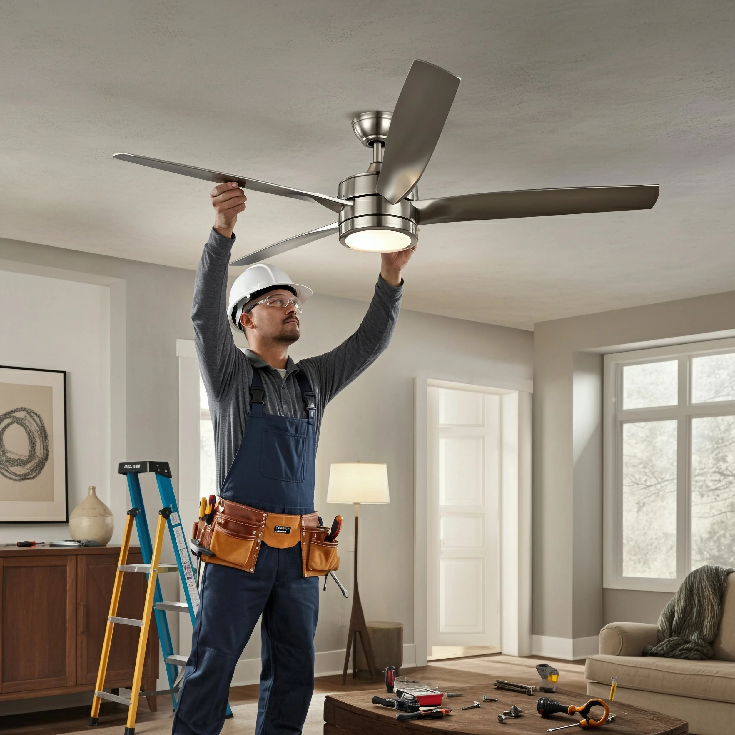 CDNY Handyman technician installing a ceiling fan in Albany, NY