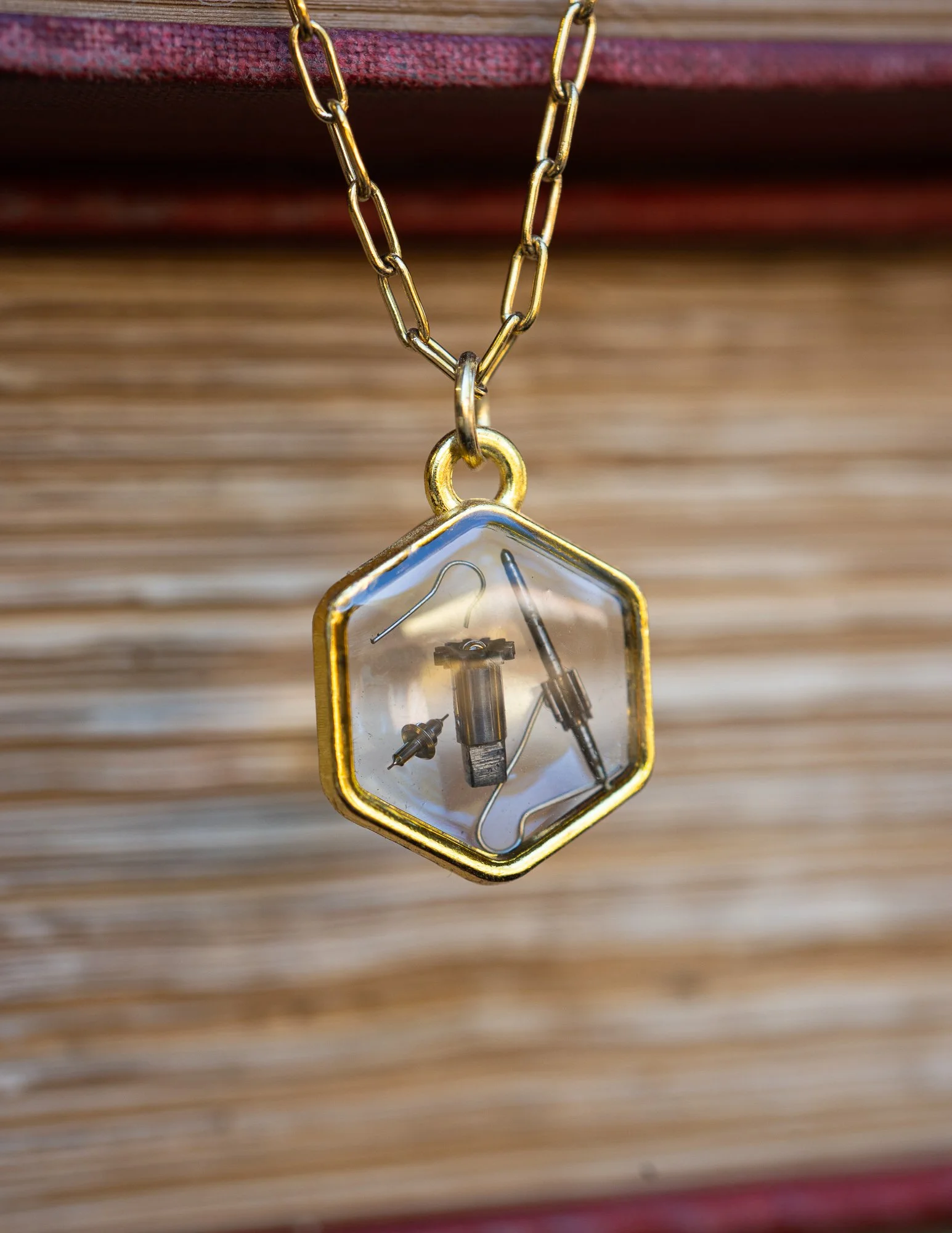 Larger Gold Plated Hexagon with Antique Watch Parts Resin Necklace