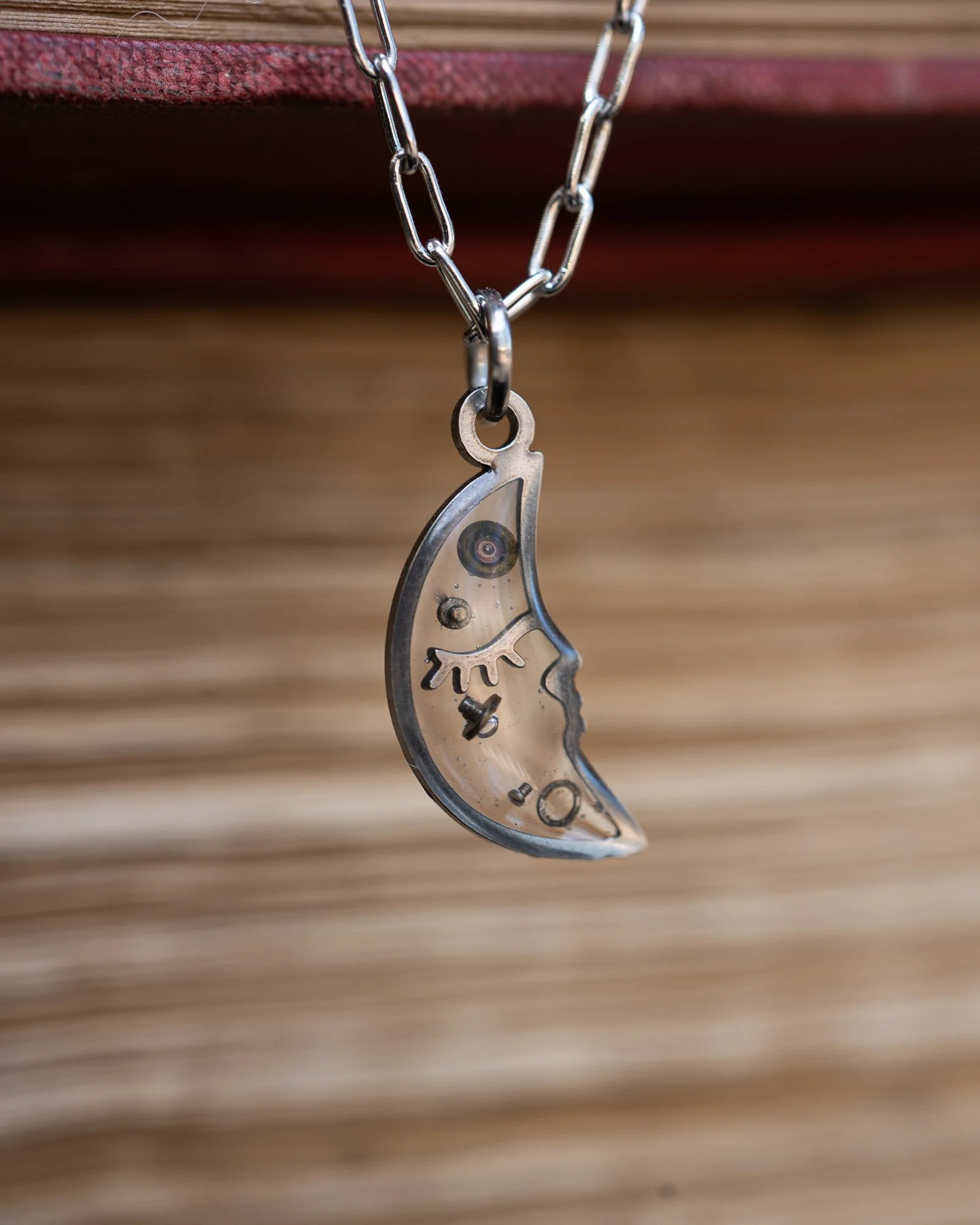 Tiny Stainless Steel Crescent Moon Face with Antique Watch Parts Resin Necklace