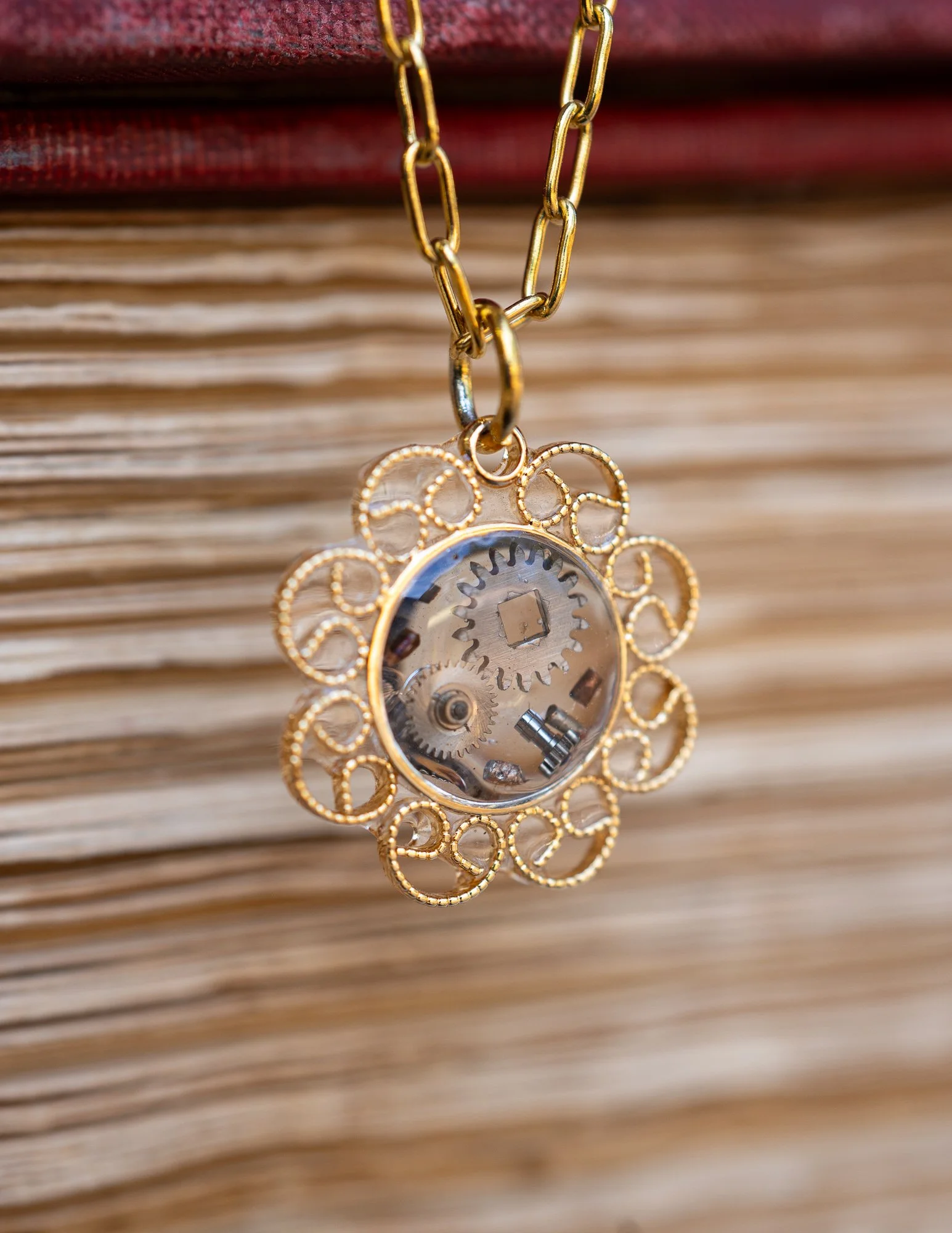 Small Gold Plated Fancy Circle with Antique Watch Parts Resin Necklace