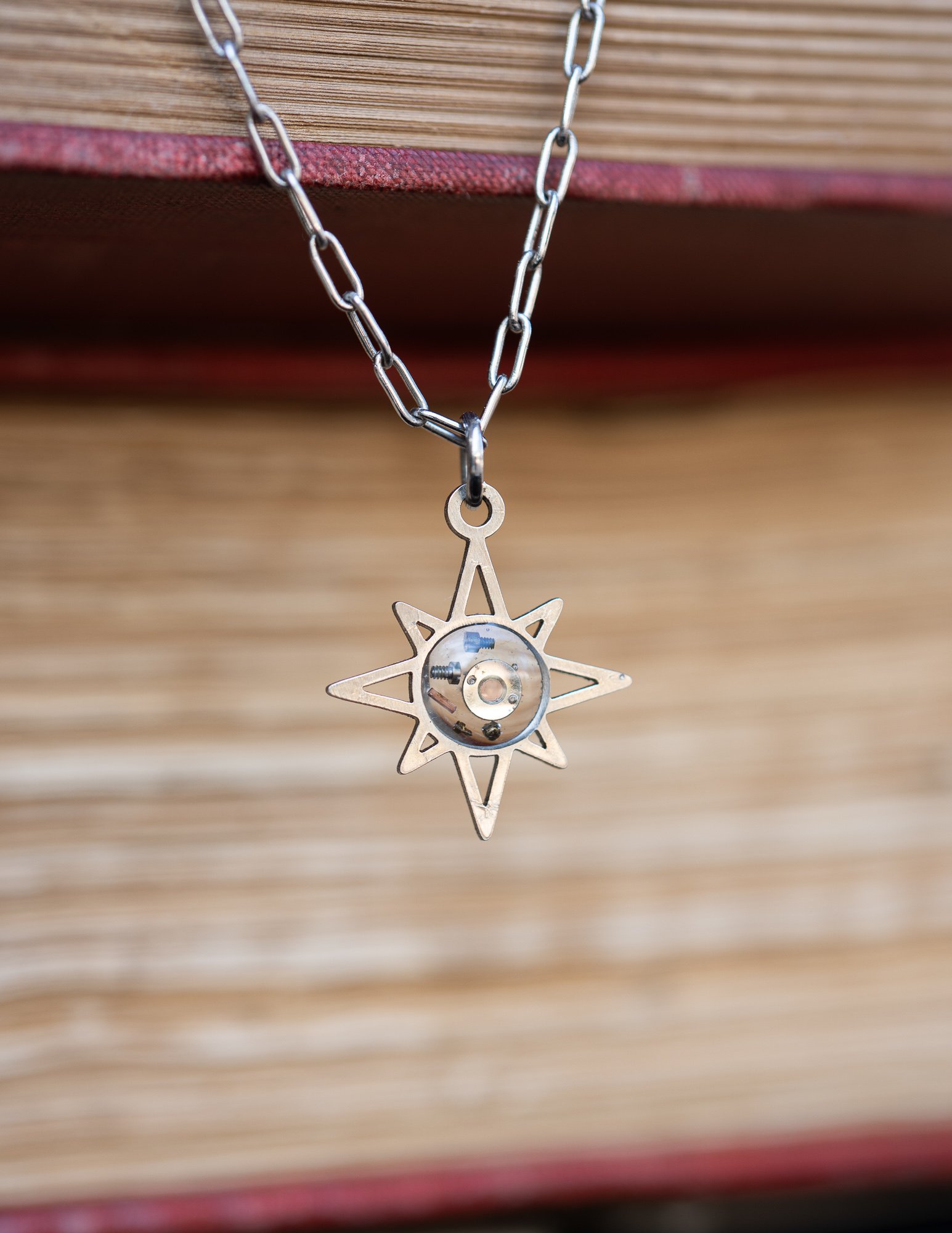 Tiny Stainless Steel Sun with Antique Watch Parts Resin Necklace