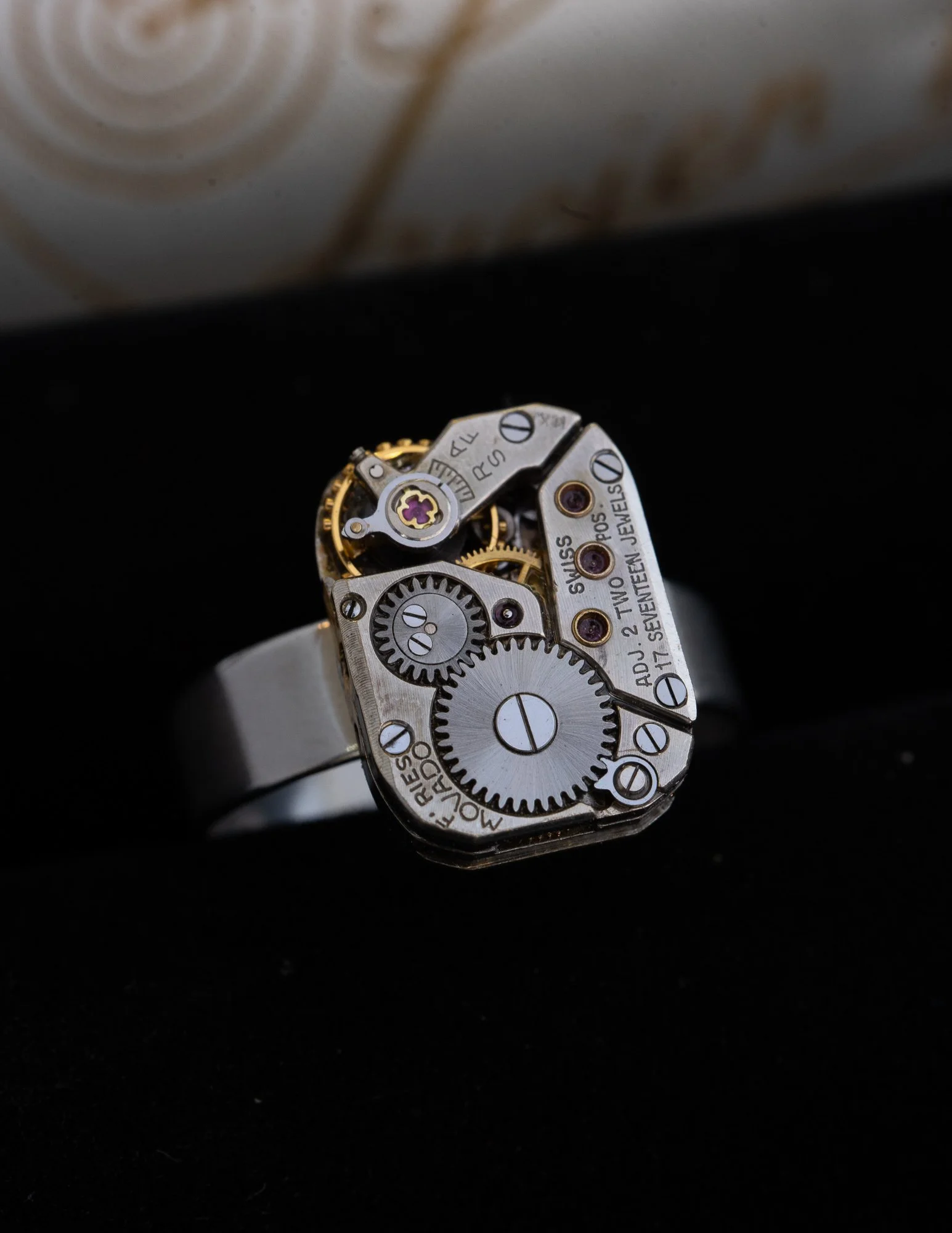 Movado Tiny Square Antique Watch Stainless Steel Adjustable Ring